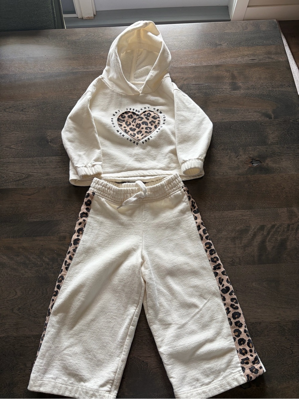 DKNY Cream Leopard Heart Hoodie & Jogger Set for Kids